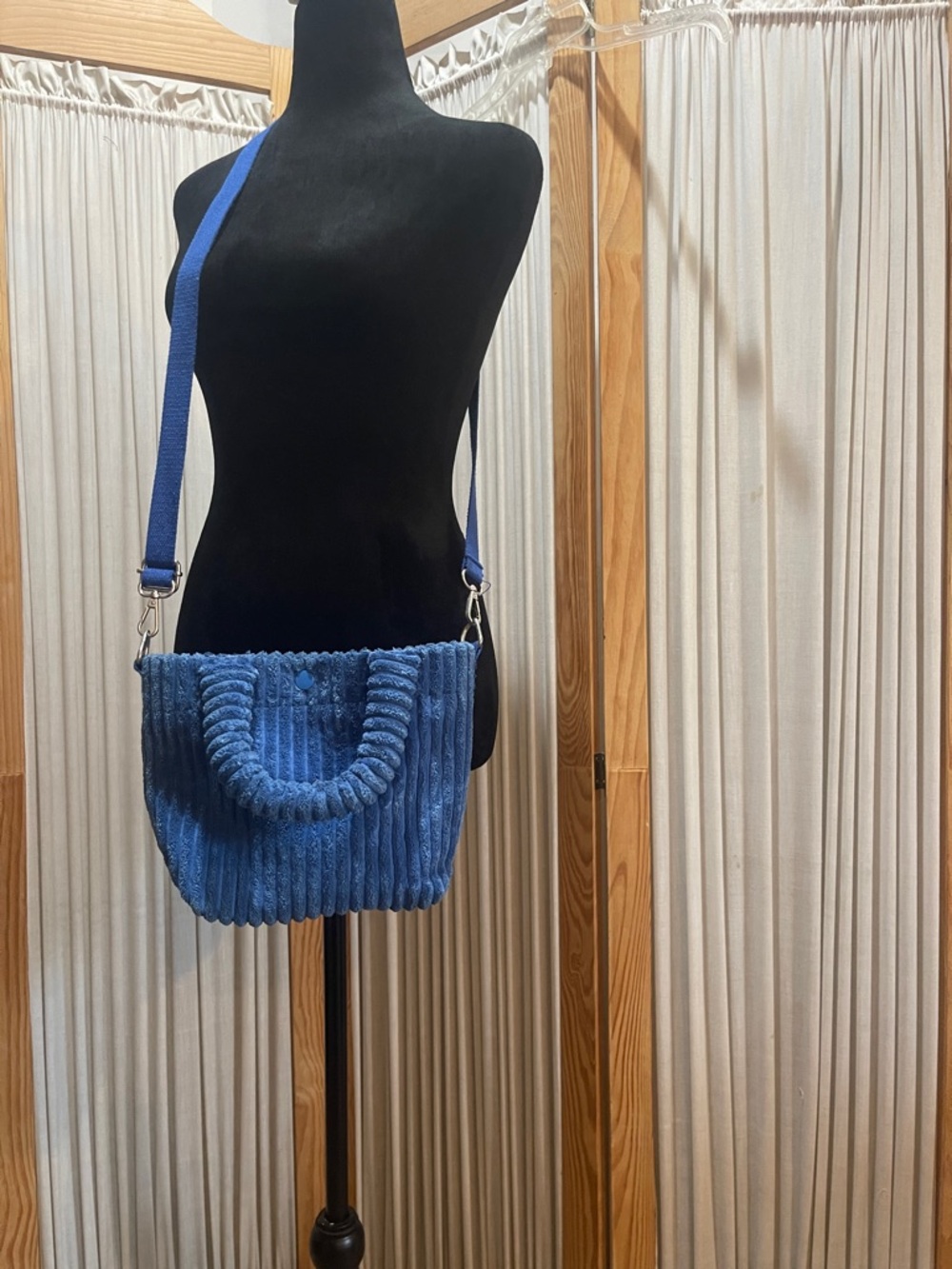 Blue Ribbed Corduroy Shoulder Tote Bag - Women